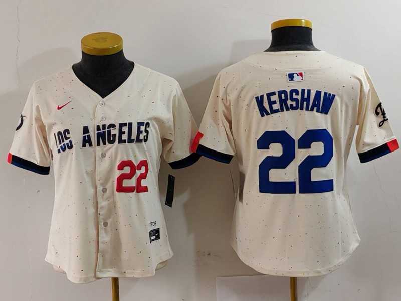 Womens Los Angeles Dodgers #22 Clayton Kershaw Number Cream 2024 City Connect Limited Stitched Jersey